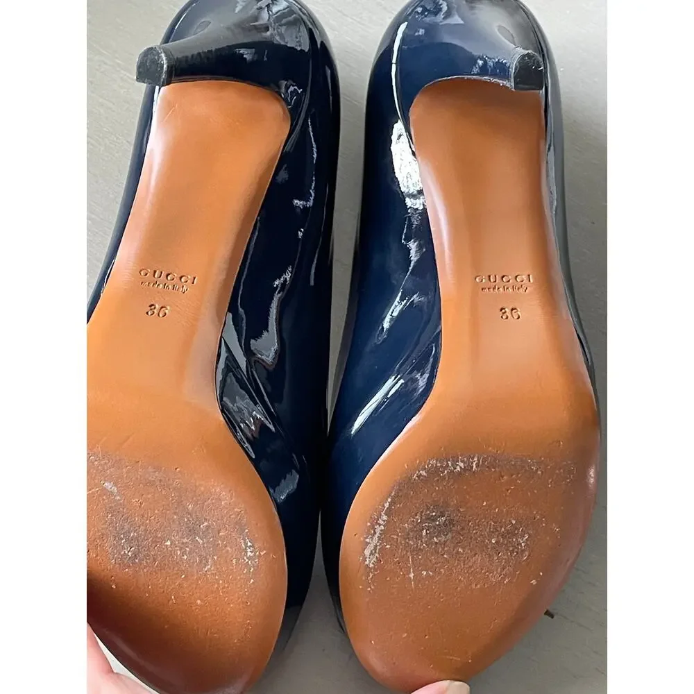 Gucci Navy Patent Leather Peep Toe Platform Pumps EU36 US6 Italy